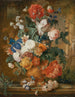 Pivoines, roser, nelliker, iris, anemoner, aurikler og andre blomster i en lerkrukke - Mélanie de Comolera — visning af kunstværket