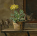 Reproduktion af maleriet af naturtro med en primula i en blomsterpotte, en kat og to spurve - Martinus Rørbye
