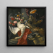 naturtro af pæoner, roser og andre blomster i en lerpotte med en svane, en påfugl og et vildsvinshoved hvilende på et rødt draperi og et antikt arkitektonisk fragment - Pieter Boel — indrammet kunstværk på væggen