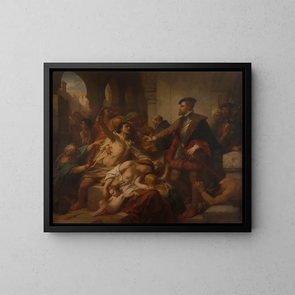 Charles V kunsttryk frigiver slaverne i Tunis - Nicaise De Keyser — indrammet kunstværk på væggen