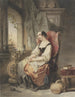 Grete siddende ved spindel med et åbent vindue - Nicaise De Keyser — visning af kunstværket