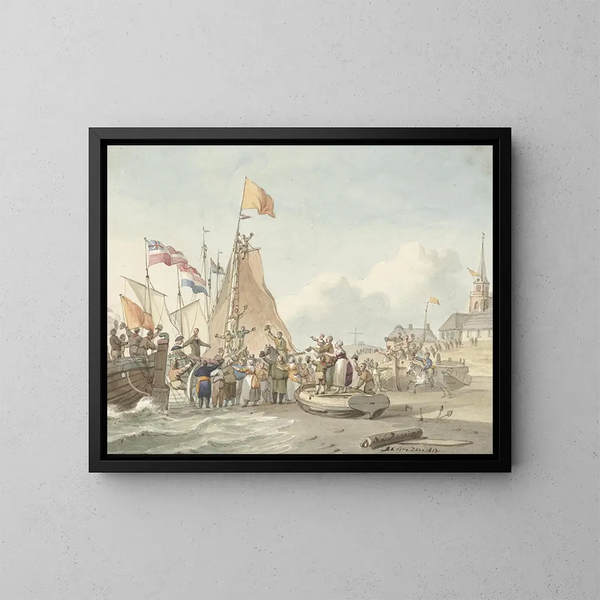 Ankomst af prins Willem Frederik til Scheveningen, 30. november 1813 - Nicolaes Lodewick Penning — indrammet kunstværk på væggen