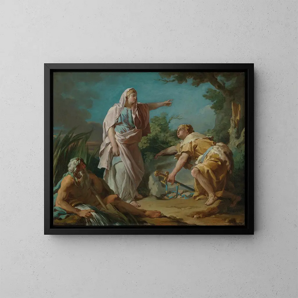 Aethra, der viser sin søn Theseus, hvor hans far havde gemt sine våben - Nicolas-Guy Brenet — indrammet kunstværk på væggen