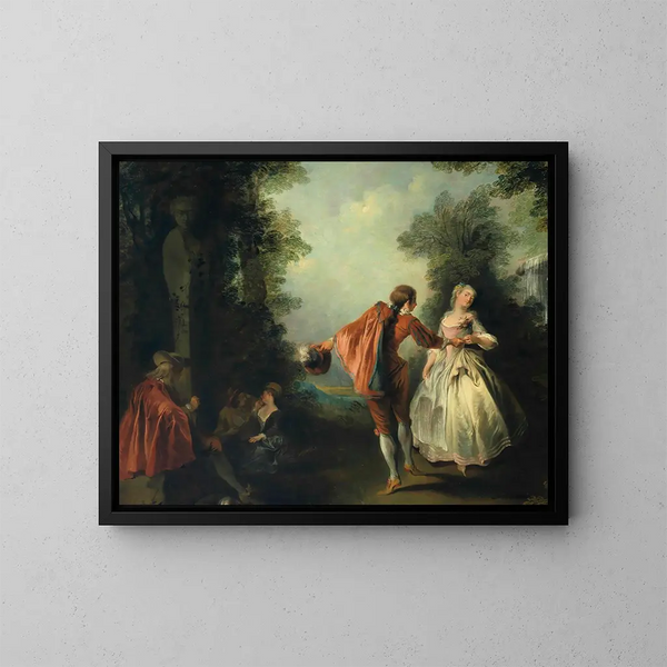 elegante figurer i et skovlandskab - Nicolas Lancret — indrammet kunstværk på væggen