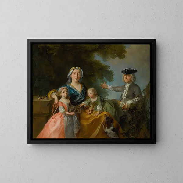 Portrait af en familie, traditionelt identificeret som M. og Mme Saint-Martin med deres to børn i et landskab - Nicolas Lancret — indrammet kunstværk på væggen