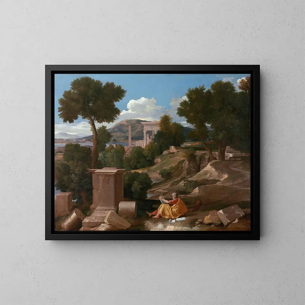 Landskab med Sankt Johannes på øen Patmos - Nicolas Poussin — indrammet kunstværk på væggen
