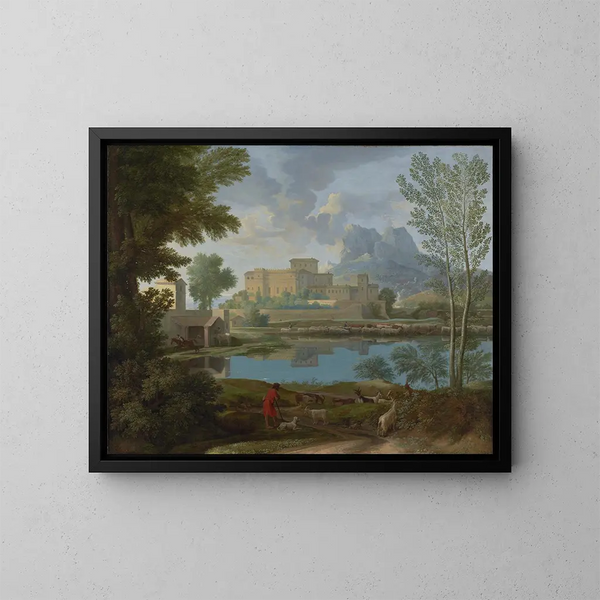 Landskabsmaleri med en ro - Nicolas Poussin — indrammet kunstværk på væggen