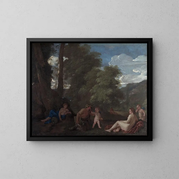 Nymfe og satyr maleri, kærligheden overvinder alt - Nicolas Poussin — indrammet kunstværk på væggen
