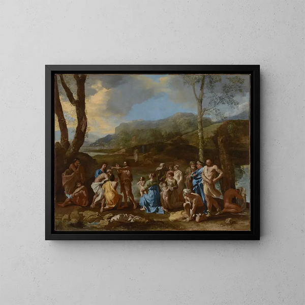 Sankt Johannes Døberen i Jordanfloden - Nicolas Poussin — indrammet kunstværk på væggen