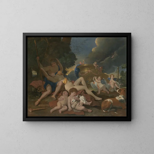 Vénus og Adonis - Nicolas Poussin — indrammet kunstværk på væggen