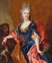 Portrait af en dame, der holder en fjerfan med en påfugl, sammen med sin tjener, der holder en hund - Nicolas de Largillière — visning af kunstværket