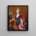Portrait af en dame, der holder en fjerfan med en påfugl, sammen med sin tjener, der holder en hund - Nicolas de Largillière — indrammet kunstværk på væggen