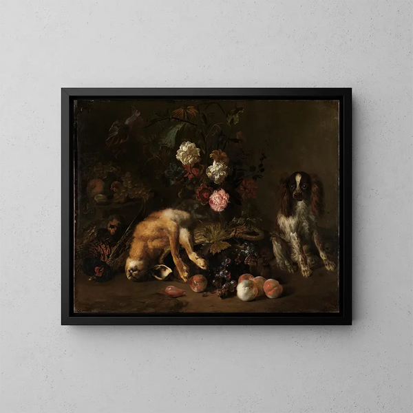 Naturmort med vildt, blomster, frugt og en spaniel - Nicolas de Largillière — indrammet kunstværk på væggen
