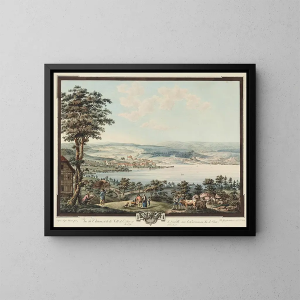 Vue du Château et de la Ville de Cerlier et de Neuville avec les Environs au Lac de Bienne - Niklaus Sprüngli — indrammet kunstværk på væggen