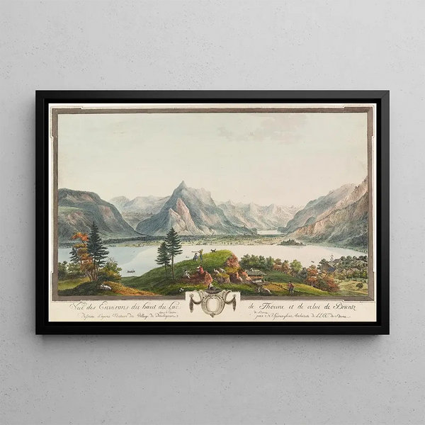 Vue af omgivelserne ved toppen af Thun-søen og Brienz-søen - Niklaus Sprüngli — indrammet kunstværk på væggen