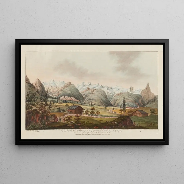 Vue des vallées et montagnes de Gessenay de Lauwenen et de Gsteig d'où l'on voit le fameux glacier de Guelte dans le canton de Berne - Niklaus Sprüngli — indrammet kunstværk på væggen
