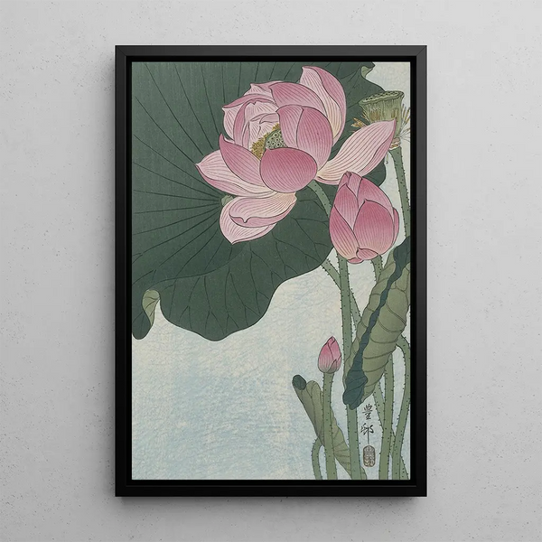lotusblomster i blomst - Ohara Koson — indrammet kunstværk på væggen