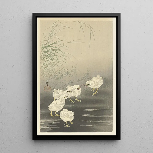 Poussins et ver - Ohara Koson — indrammet kunstværk på væggen