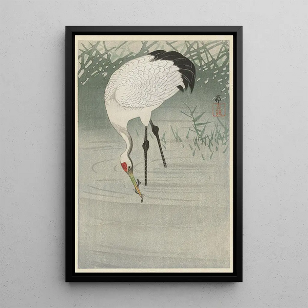 Grue pêchant dans l'eau peu profonde - Ohara Koson — indrammet kunstværk på væggen