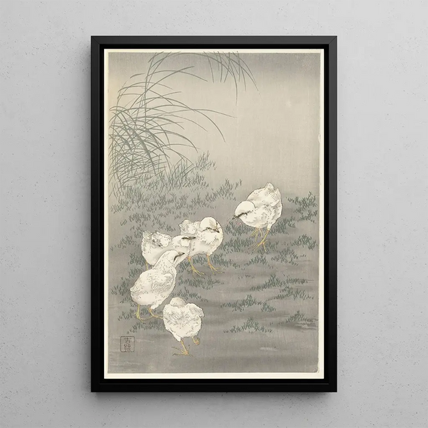 Cinq poussins - Ohara Koson — indrammet kunstværk på væggen