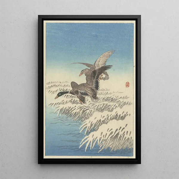 Ohara Koson | Maleri af andeflugt over sneklædte siv - Reproduction — indrammet kunstværk på væggen