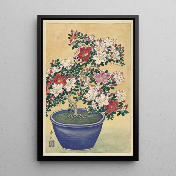 Azalé i blomst i en blå pot - Ohara Koson — indrammet kunstværk på væggen
