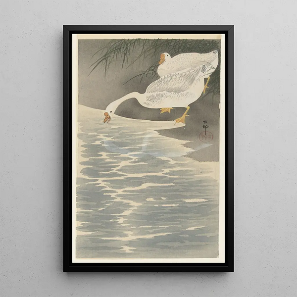 Oies sur la berge - Ohara Koson — indrammet kunstværk på væggen