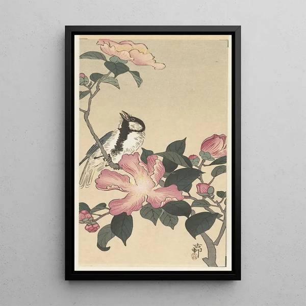 Mésange sur branche avec fleurs roses - Ohara Koson — indrammet kunstværk på væggen