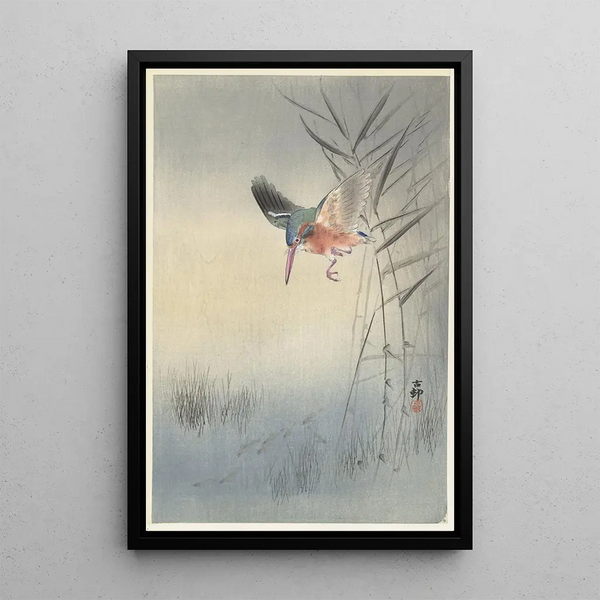 Ohara Koson | Kunsttryk af en fiskende kingfisher — indrammet kunstværk på væggen