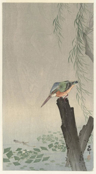 Ohara Koson - Kingfisher on tree stump.webp