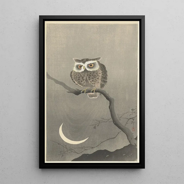Hibou moyen-duc på en gren af en bartræ - Ohara Koson — indrammet kunstværk på væggen