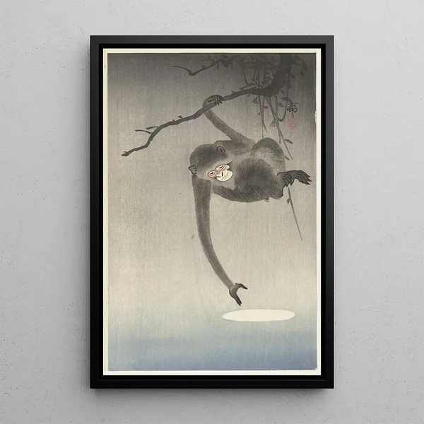Abe og månens refleksion - Ohara Koson — indrammet kunstværk på væggen