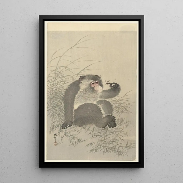 Singe med insekt - Ohara Koson — indrammet kunstværk på væggen