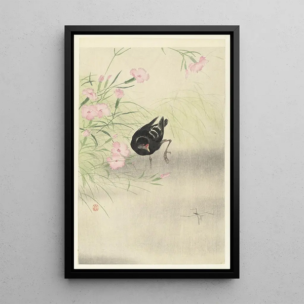 Vandhøne nær en blomstrende plante - Ohara Koson — indrammet kunstværk på væggen