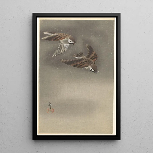 Moineaux à collier dans la neige - Ohara Koson — indrammet kunstværk på væggen