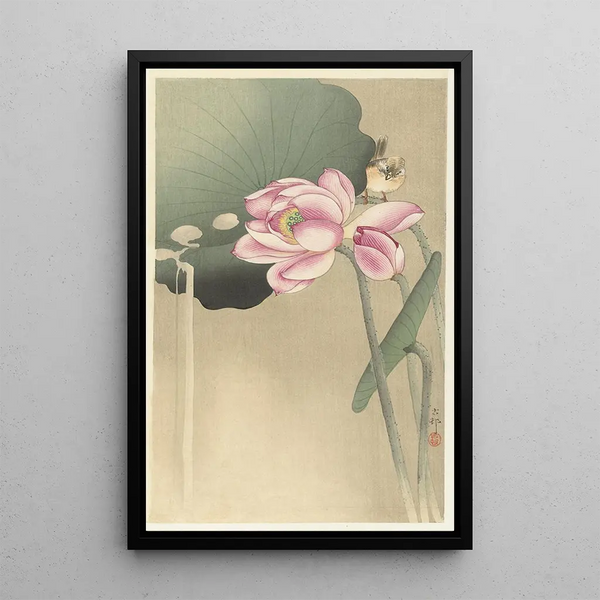 Oiseau chanteur et lotus - Ohara Koson — indrammet kunstværk på væggen