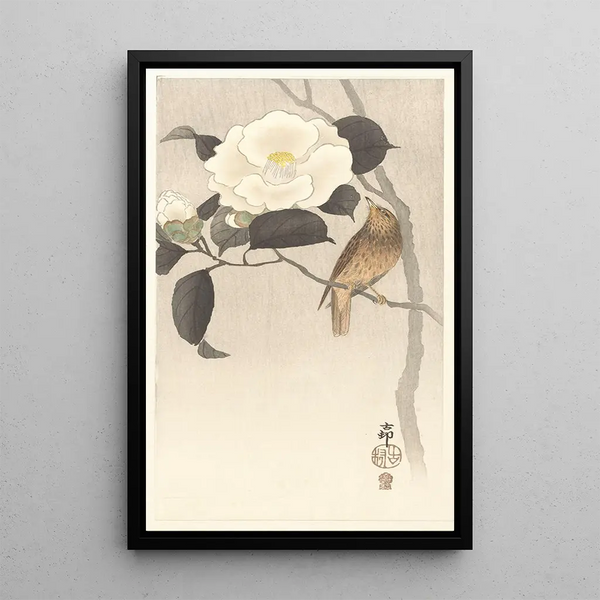 Fugle synger og camellia i blomst - Ohara Koson — indrammet kunstværk på væggen