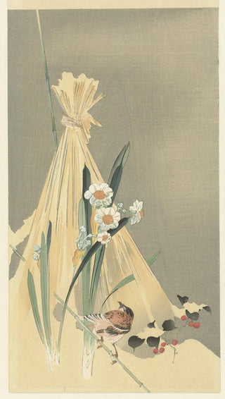 Ohara Koson - Songbird at hay bundle.webp