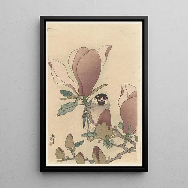 en fugl på en magnoliagrene i blomst - Ohara Koson — indrammet kunstværk på væggen