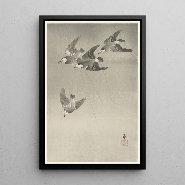 Étourneaux sous la pluie - Ohara Koson — indrammet kunstværk på væggen