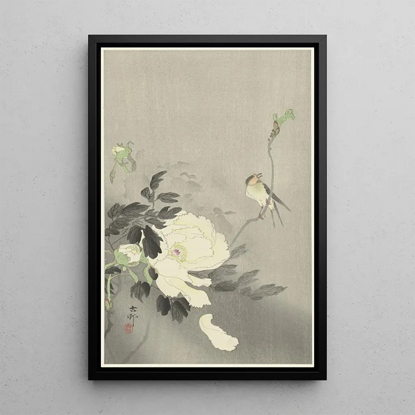 Hirondelle med pæon - Ohara Koson — indrammet kunstværk på væggen