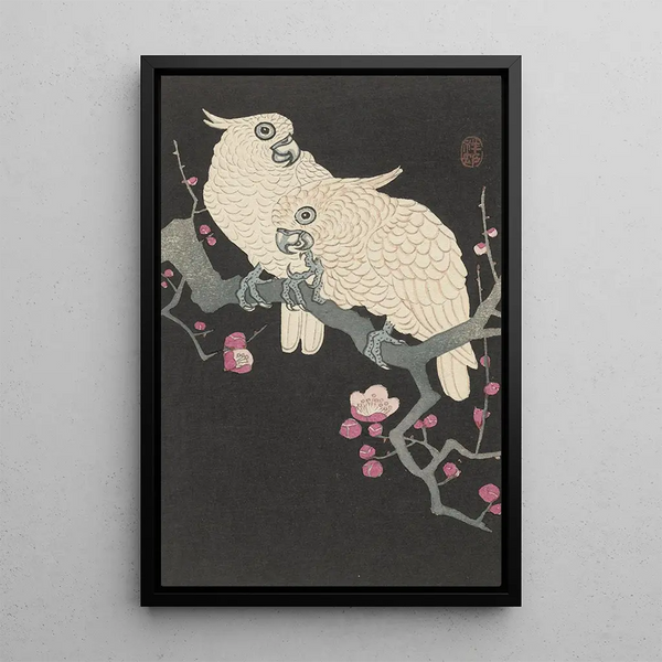 To kakaduer og blomster af abrikostræ - Ohara Koson — indrammet kunstværk på væggen