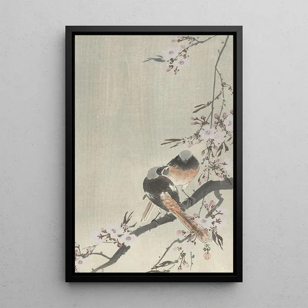 Deux queues-rouges sigillées med kirsebærblomster - Ohara Koson — indrammet kunstværk på væggen