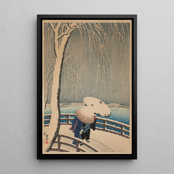 Parapluies dans la neige - Ohara Koson — indrammet kunstværk på væggen