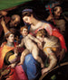 La Sainte Famille med helgeninde Catherine af Alexandria, helgeninde Margrethe af Antiokia og helgen Frans af Assisi - Orazio Samacchini — visning af kunstværket