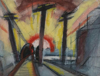 Oscar Bluemner - Railroad Tracks Cityscape With Sun.webp