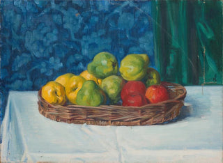Ottilie Wilhelmine Roederstein - Still Life Basket with Fruit on a Table in front of a Curtain and Wallpaper.webp