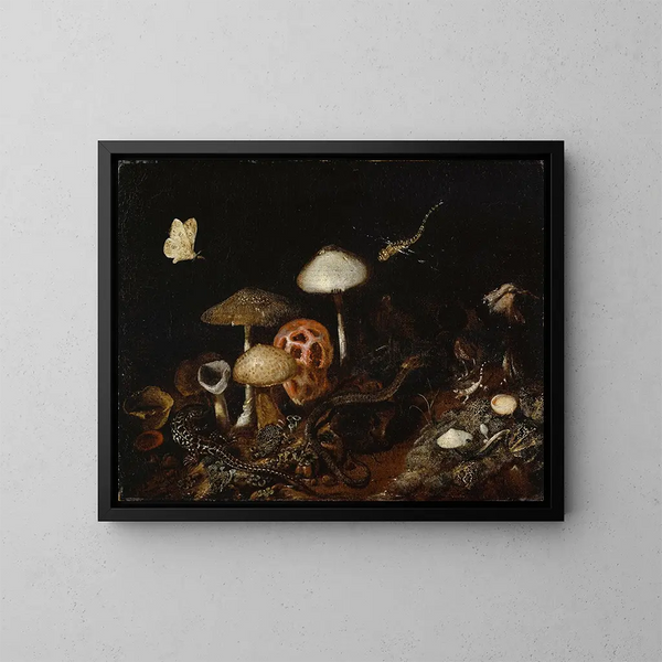 Reptiler, svampe og sommerfugle - Otto Marseus van Schrieck — indrammet kunstværk på væggen