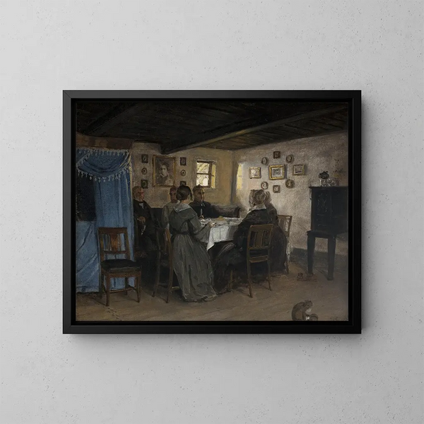 "Venner og familie af kunstnere sidder omkring et bord i Vejby, Nordjylland" - P. C. Skovgaard — indrammet kunstværk på væggen