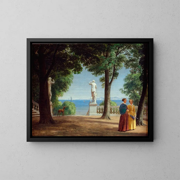 Vue mod Kullen fra en have terrasse med statuer - P. C. Skovgaard — indrammet kunstværk på væggen